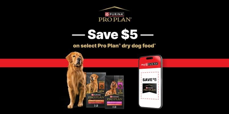 Get a coupon for $5 off any 6 lb or smaller bag of Pro Plan dry dog food in the myPurina app