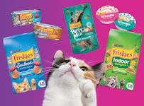 Excited Friskies cat looking up at an array of Friskies cat food products
