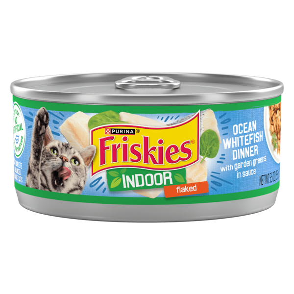 Friskies Indoor Flaked Ocean Whitefish Dinner With Garden Greens In Sauce Wet Cat Food