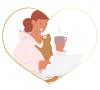 woman with coffee smiling at orangecat
