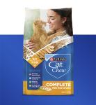 A bag of Purina Cat Chow Complete Chicken with a blue rectangle background