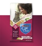 A bag of Purina Cat Chow Healthy Aging with a dark red rectangle background
