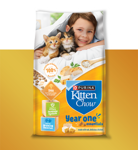 A bag of Purina Kitten Chow Year One is framed by a yellow square