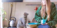 persona que viste una camiseta con capucha verde sosteniendo una taza de café, sentada en la encimera de una cocina con un gato gris con rayas