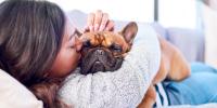 woman snuggling with a Frenchie laying on a couch