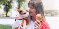 persona sosteniendo un perro y comiendo un cono de helado