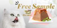Free sample offer for Purina Fancy Feast Gems, featuring a white cat licking its nose beside a serving of Fancy Feast Gems cat food.