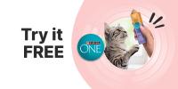 Cat reaching for a Purina ONE puree treat promoting a free sample offer for new myPurina members.
