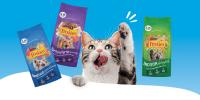 Friskies promotional banner featuring a cat reaching for treats and three Friskies treat varieties.
