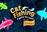 The Friskies logo and fish swimming around the words “Cat Fishing a game for cats”