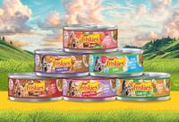 A variety of Friskies Wet Cat Food cans stacked into a pyramid