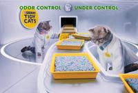 Cats examining litter in the Tidy Cats Innovation Lab with text overlayed that reads "odor control under control".