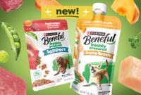 New Purina Beneful Freshly Prepared Toppers Beef Recipe and Freshly Prepared Chicken Bone Broth pouches.