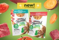 New Purina Beneful Freshly Prepared Meals pouches in lamb and beef recipes with vegetables in sauce.