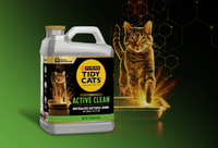 Purina Tidy Cats Performance+ Active Clean multi-cat clumping litter jug shown with cat stepping out of a glowing litter box, highlighting odor control.