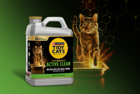 Purina Tidy Cats Performance+ Active Clean multi-cat clumping litter jug shown with cat stepping out of a glowing litter box, highlighting odor control.