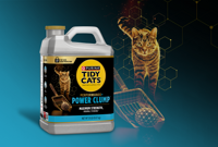 Purina Tidy Cats Performance+ Power Clump cat litter container with visual of strong clump formation and cat near litter scoop