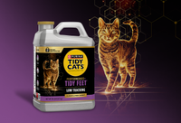 Purina Tidy Cats Performance+ Tidy Feet low tracking cat litter jug with cat walking forward on a clean surface