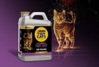 Purina Tidy Cats Performance+ Tidy Feet low tracking cat litter jug with cat walking forward on a clean surface
