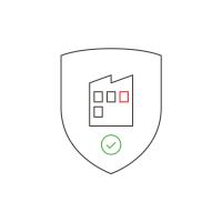 A shield with a building and check mark