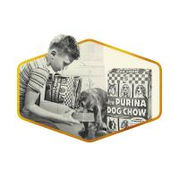 A black and white still from a Purina Dog Chow tv commercial aired in the late 1950s