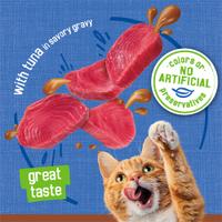 With tuna in savory gravy. Great taste. No artificial colors or preservatives seal.