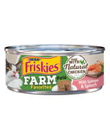 alimento húmedo para gatos con salmón y espinaca friskies farm favorites pate