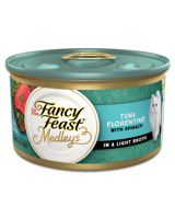 Fancy Feast Mix de sabores de atún a la florentina con espinaca en un caldo liviano