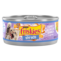 Friskies Shreds Turkey & Cheese Dinner In Gravy Wet Cat Food package.