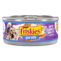Friskies Shreds With Turkey & Giblets In Gravy Wet Cat Food package.