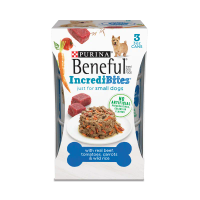 beneful incredibites alimento húmedo de carne de res para perros vista frontal del empaque
