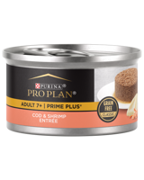 alimento húmedo para gatos de bacalao y camarón, sin cereales de pro plan prime plus para edades avanzadas