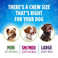 There’s a chew size that’s right for your dog. Mini (5-20 lbs), Small/Medium (20-40 lbs), Large (40+ lbs).
