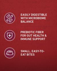 Easily digestible with microbiome balance, prebiotic fiber for gut health and immune support, small easy to eat bites
