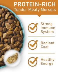 Bocadillos tiernos y carnosos ricos en proteína para fortalecer el sistema inmunitario, dejar el pelaje radiante y llenar a tu mascota de energía saludable