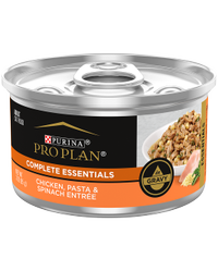 Porción de pollo, pasta y espinaca Pro Plan Complete Essentials en salsa preparada con jugo de cocción