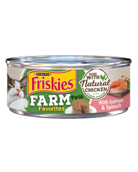 alimento húmedo para gatos con salmón y espinaca friskies farm favorites pate