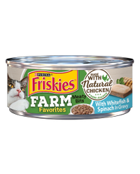 alimento húmedo para gatos con pescado blanco y espinaca friskies farm favorites pate