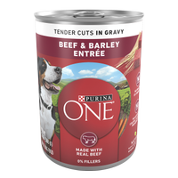 Alimento húmedo de trozos tiernos de carne de res y cebada en salsa preparada con jugo de cocción para perros Purina ONE®
