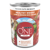 Alimento húmedo para perros con arroz integral y trozos tiernos de cordero en salsa preparada con jugo de cocción que ayuda a mantener un peso saludable Purina ONE +Plus