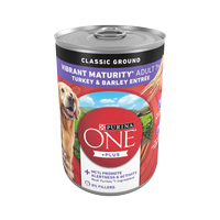 parte delantera de un paquete de Purina ONE +Plus Vibrant Maturity Adult 7+ Classic Ground Turkey & Barley