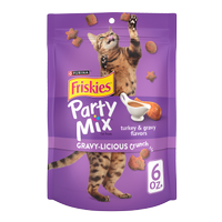 Friskies Party Mix Gravy-licious Turkey Crunch Cat Treats package