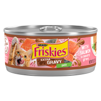Friskies Extra Gravy Paté With Salmon In Savory Gravy Wet Cat Food package.