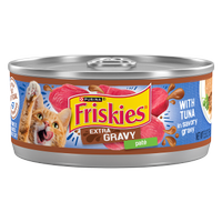Friskies Extra Gravy Paté With Tuna In Savory Gravy Wet Cat Food package.