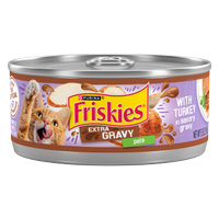 Friskies Extra Gravy Paté With Turkey In Savory Gravy Wet Cat Food package.