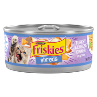 Friskies Shreds Turkey & Cheese Dinner In Gravy Wet Cat Food package.