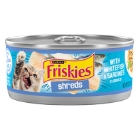 Friskies Shreds With Whitefish & Sardines In Sauce Wet Cat Food package.