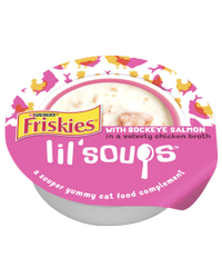 Complemento y Topper de alimento para gatos Friskies Lil' Soups With Sockeye Salmon in a Velvety Chicken Broth