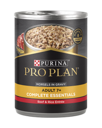 Alimento húmedo para perros adultos sénior de 7 años o más Pro Plan Senior Adult 7+, un plato principal de bocados de carne de res y arroz en salsa preparada con jugo de cocción