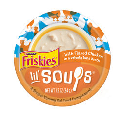Friskies lil' soups with chicken in a velvety tuna broth flavored cat food complement pouch